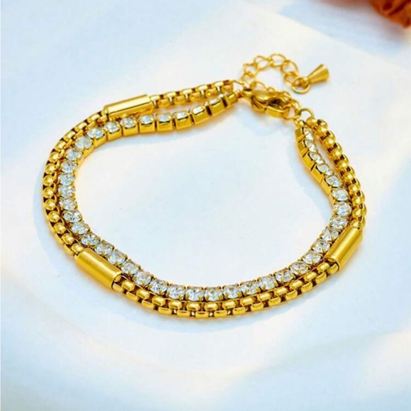 New 18K Gold Plated Double Layered Rhinestone Inlaid Box Chain Bracelet - Picture 3 of 5